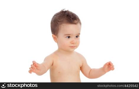 Nice baby raising his arms isolated on a white background