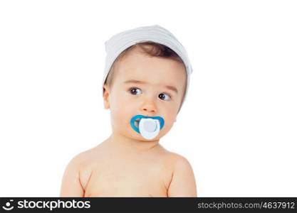 Nice baby with grey cap and pacifier isolated on a white background