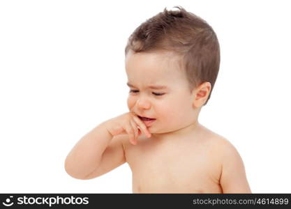 Nice baby with sore gums isolated on a white background