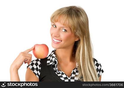 nice blond girl with a red apple on her shoulder looking in camera smiling