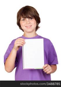 Nice child with blank notebook isolated on white background