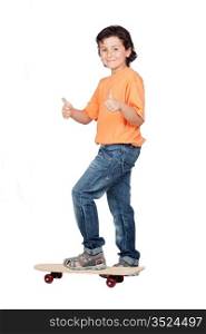Nice child with wooden skateboard isolated on white background