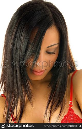 nice close up of a young cute brunette with long hair and exotic eyes