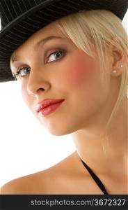 nice close up of beautiful blond girl with black hat and gray eyes