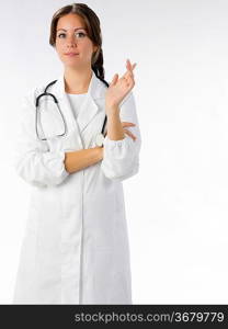 nice doctor in white medical gown and a stethoscope around her neck