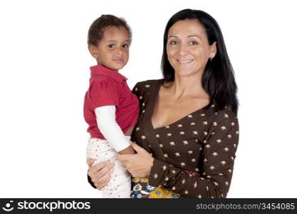Nice family. Caucasian mother and african daughter isolated on a white background