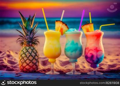 nice fresh exotic cocktails, served on the beach. Neural network AI generated art. nice fresh exotic cocktails, served on the beach. Neural network AI generated