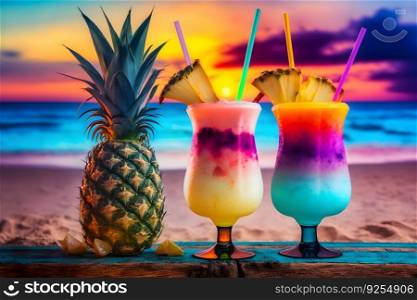 nice fresh exotic cocktails, served on the beach. Neural network AI generated art. nice fresh exotic cocktails, served on the beach. Neural network AI generated