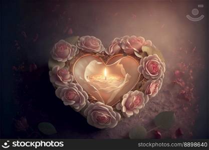 Nice heart with a lit candle in the middle and surrounded by flowers. Valentines Day card. Generative AI
