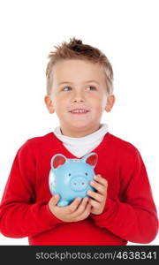 Nice kid with blue moneybox isolated on a white background