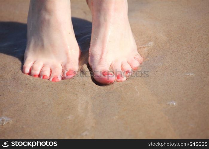 nice legs in water, nice pedicure red nail sand beach