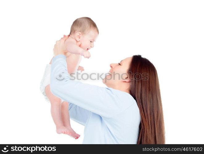 Nice moment of a mother with her baby isolated on a white background