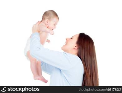Nice moment of a mother with her baby isolated on a white background