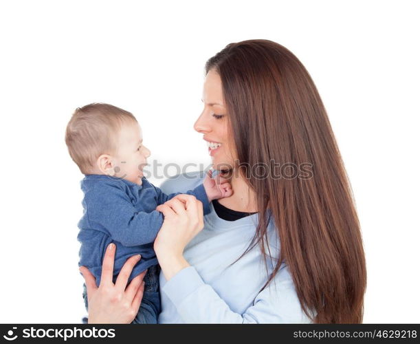 Nice moment of a mother with her baby isolated on a white background