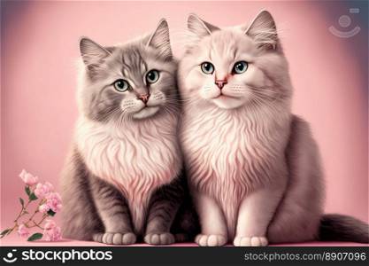 Nice pair of cute cats with long hair on a pink background. Generative Ai