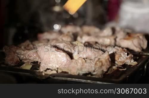 Nice pieces of meat are fried on the barbecue. Shallow dof.