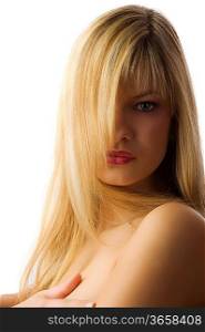 nice shot of a beautiful young woman covering one eye with long blond hair