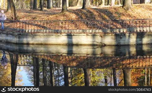 nice teen girl goes along shore of lake in beautiful autumn city park