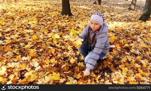 nice teen girl sits squatted and collects yellow leaves in beautiful autumn city park