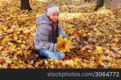 nice teen girl sits squatted and holds yellow leaves in beautiful autumn city park, then tosses up it