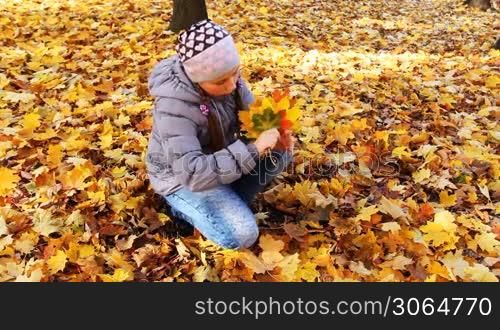 nice teen girl sits squatted and holds yellow leaves in beautiful autumn city park