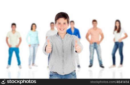 Nice teenager boy saying Ok with their classmates secondary unfocused background