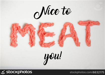Nice To Meat You Written On White Background With Real Meat