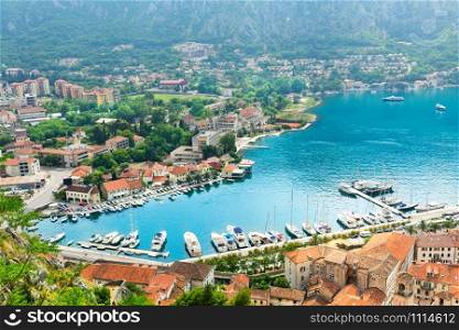 Nice view of harbor with buildings. Kotor, Montenegro.