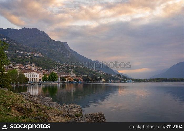Nice view of Lake Iseo at morning, on the left the city of lovere which runs along the lake,Bergamo Italy.
