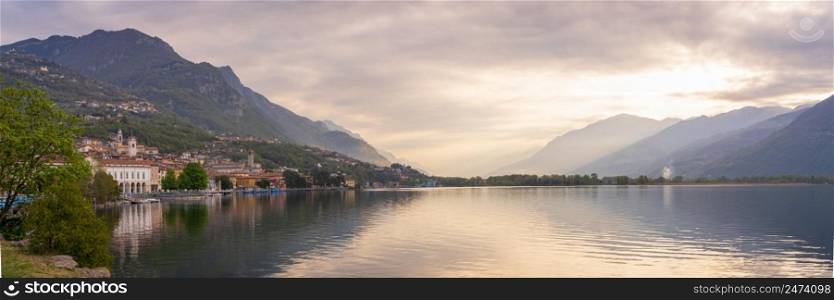 Nice view of Lake Iseo at sunrise, on the left the city of lovere which runs along the lake,Bergamo Italy.