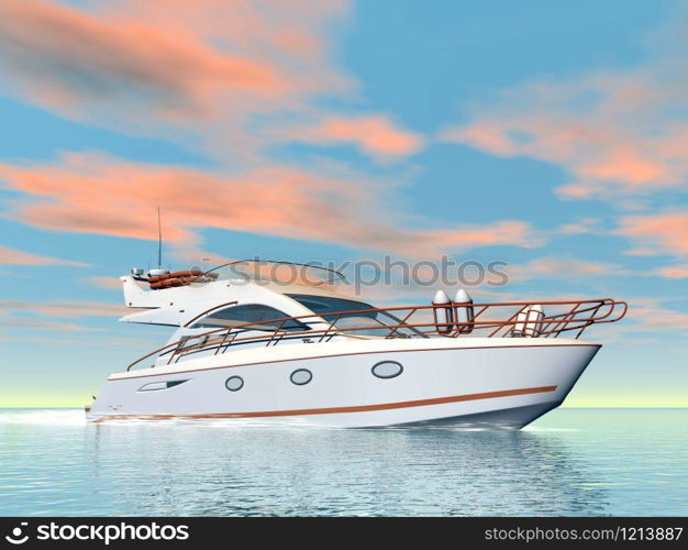 Nice white yacht on water by colorful sunset. Quiet yacht - 3D render