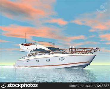 Nice white yacht on water by colorful sunset. Quiet yacht - 3D render