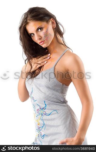 nice woman with colored flower drawn on face and her dress