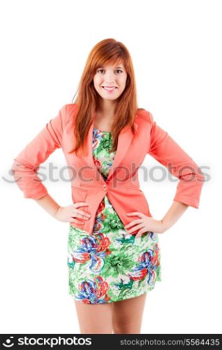 Nice young woman with red hair posing on white background