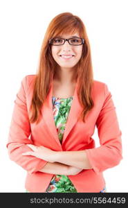 Nice young woman with red hair posing on white background