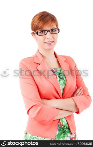 Nice young woman with red hair posing on white background