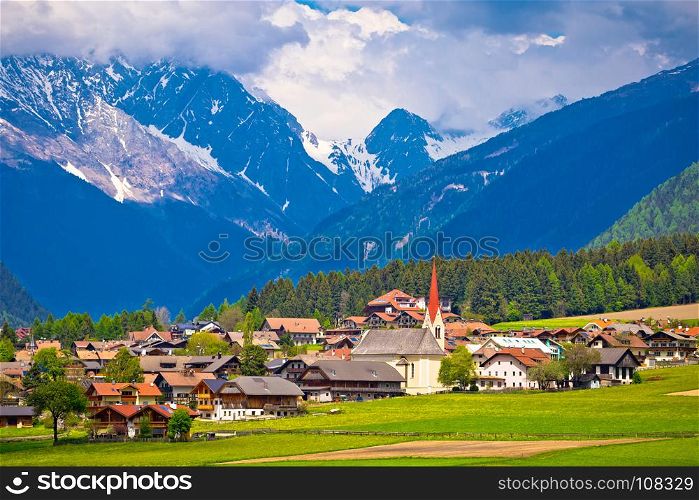 Niederrasen village in Pusteral valley view, Dolomites Alps, Italy