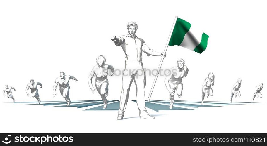 Nigeria Racing to the Future with Man Holding Flag. Nigeria Racing to the Future