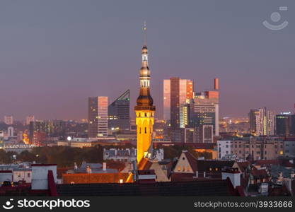 Night aerial cityscape with old town hall spire and modern office buildings skyscrapers in the background in Tallinn, Estonia