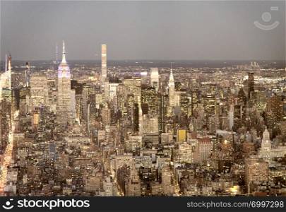 Night aerial view of Midtown Manhattan from a high vantage point, New York City.