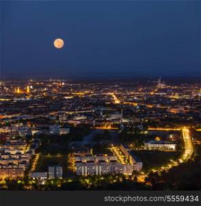 Night aerial view of Munich from Olympiaturm (Olympic Tower). Munich, Bavaria, Germany