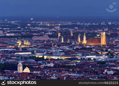 Night aerial view of Munich from Olympiaturm  Olympic Tower . Munich, Bavaria, Germany. Night aerial view of Munich, Germany