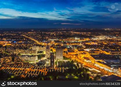 Night aerial view of Munich from Olympiaturm (Olympic Tower). Munich, Bavaria, Germany. Night aerial view of Munich, Germany