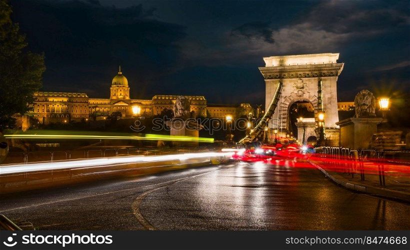 Night and Chain Bridge in Budapest, long exposure