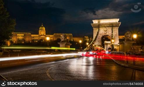 Night and Chain Bridge in Budapest, long exposure