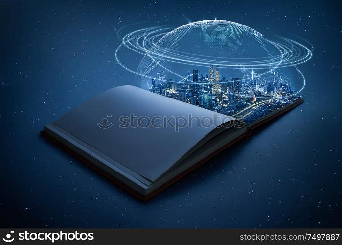 Night beautiful scene of modern city skyline pop up in the open book pages with Global world telecommunication network connected around planet Earth .