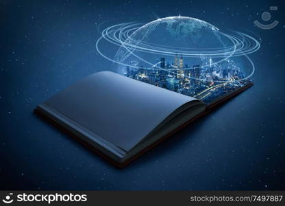 Night beautiful scene of modern city skyline pop up in the open book pages with Global world telecommunication network connected around planet Earth .