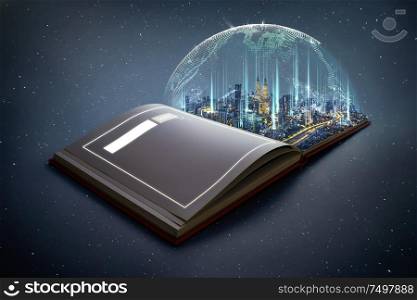 Night beautiful scene of modern city skyline pop up in the open book pages with smart Global world searching engine network connected around planet Earth .