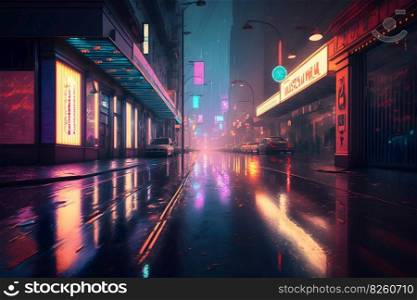 Night city alleyway cyberpunk illustration. Neon lights in the night city, a modern metropolis in the future. AI generated illustration. Night city alleyway cyberpunk. AI generated illustration
