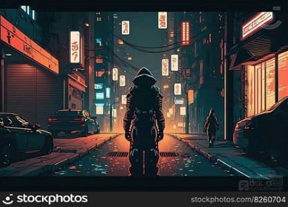 Night city alleyway cyberpunk illustration. Neon lights in the night city, silhouette of a man in the rain, modern metropolis in the future. AI generated illustration. Night city alleyway cyberpunk. AI generated illustration